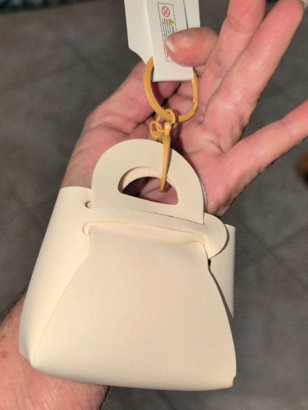 Cream  Mini Tote Keychain Bag Charm With Smile Crystal Embellishments By Sisi